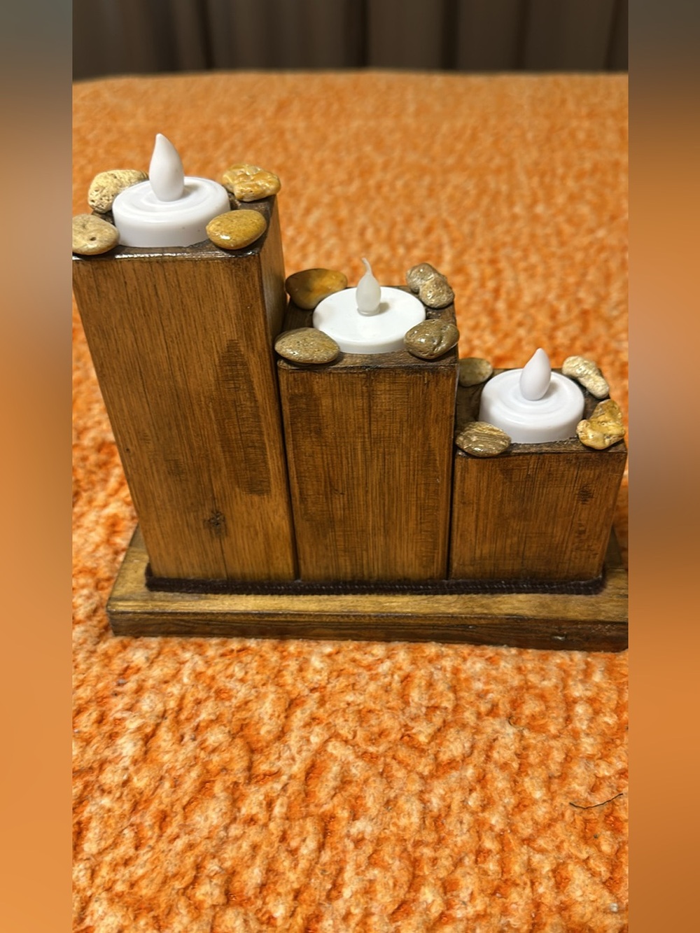 Handcrafted Rustic Wooden 3-Tier Candle Block Holder (6.5" x 6" x 3") with LED &